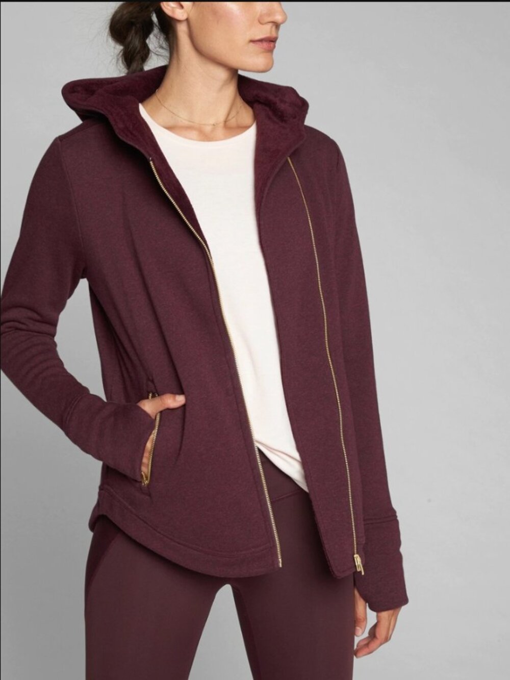 Athleta Cozy Karma Asymmetrical Jacket Sweater Hoodie Deep Burgundy Gold XL